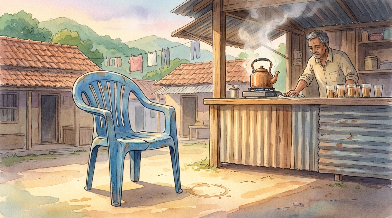 Govind's steaming tea stall with a single empty cracked-blue plastic chair beside it in a patch of sun