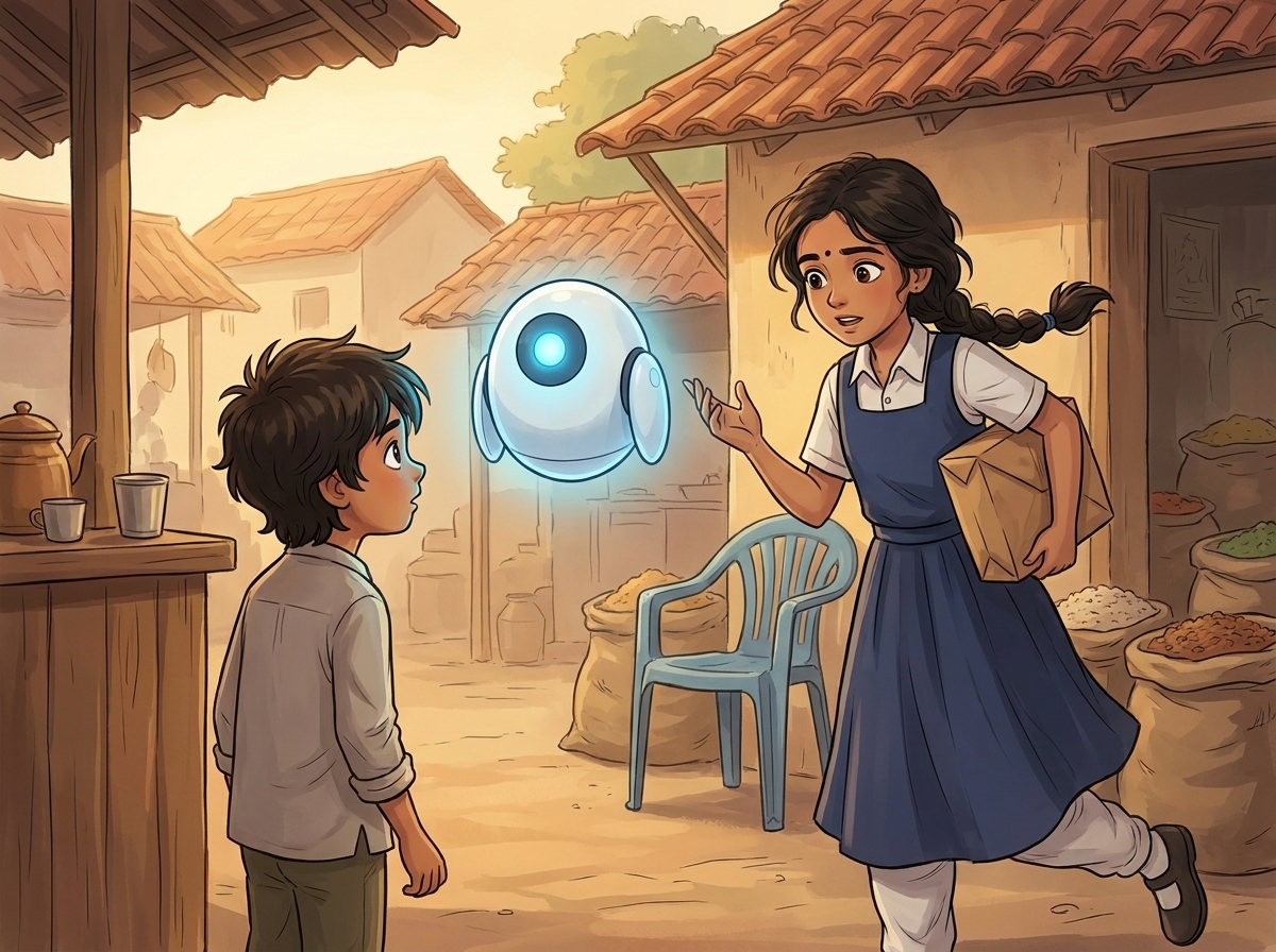 Tara, now twelve, bounding up to Milo and Spark by the tea stall, the empty blue chair behind them