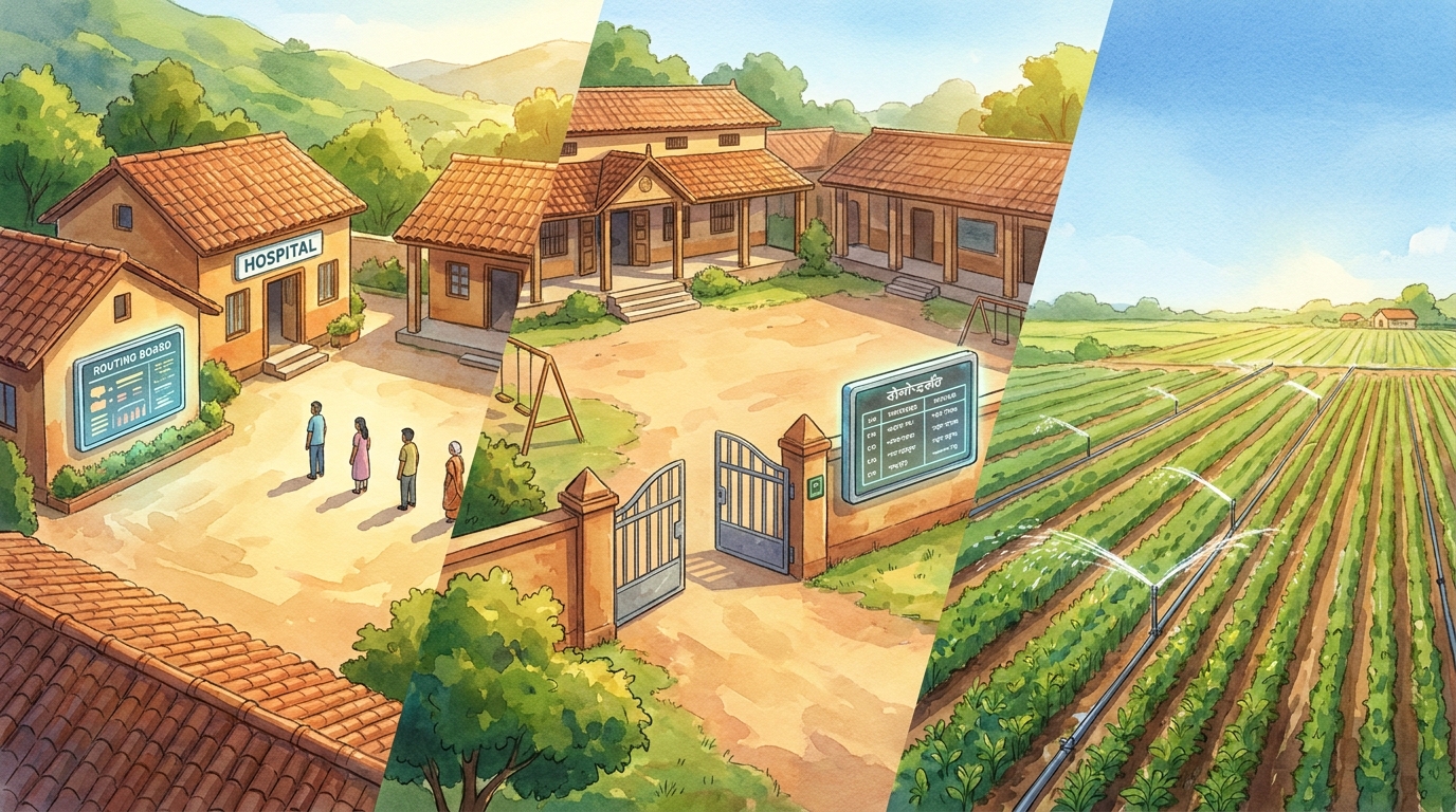 Willowbrook 2.0 in daylight — a tidy hospital, automated school gates, and self-watering fields, all efficient and oddly underpopulated