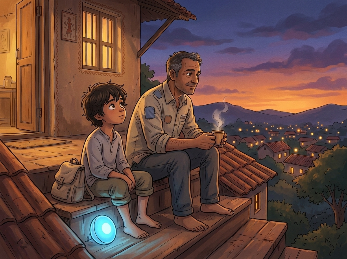 Milo and Appa on the porch steps at dusk, chai going cold, Spark glowing low at Milo's feet