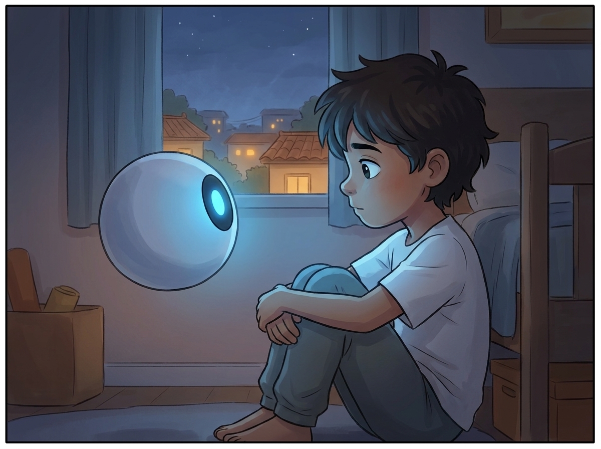 Milo sitting on his bedroom floor at night facing Spark at eye level, the town glowing blue through the window