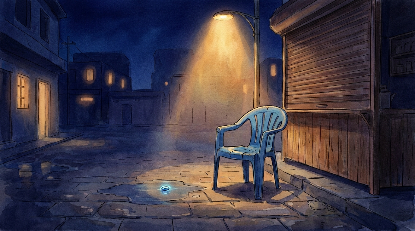 The empty cracked-blue chair outside Govind's shuttered stall at night, a faint blue glint of Spark's light in a nearby puddle