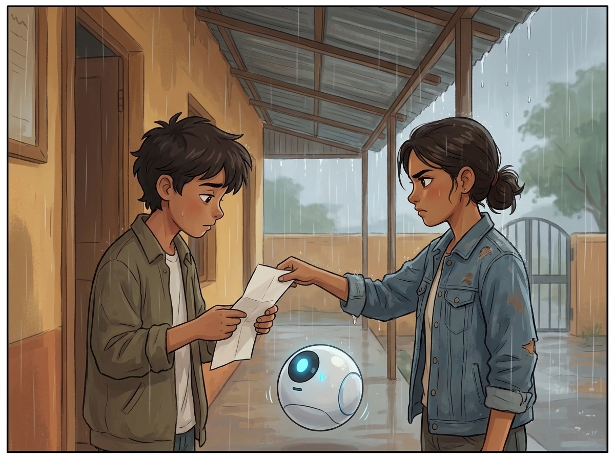 Priya holding out a folded letter to Milo under a rain-soaked school awning, Spark's light flickering between them
