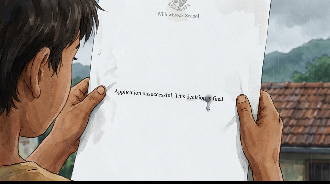 Extreme close-up of Milo's hands holding the single line of letterhead in acres of white space
