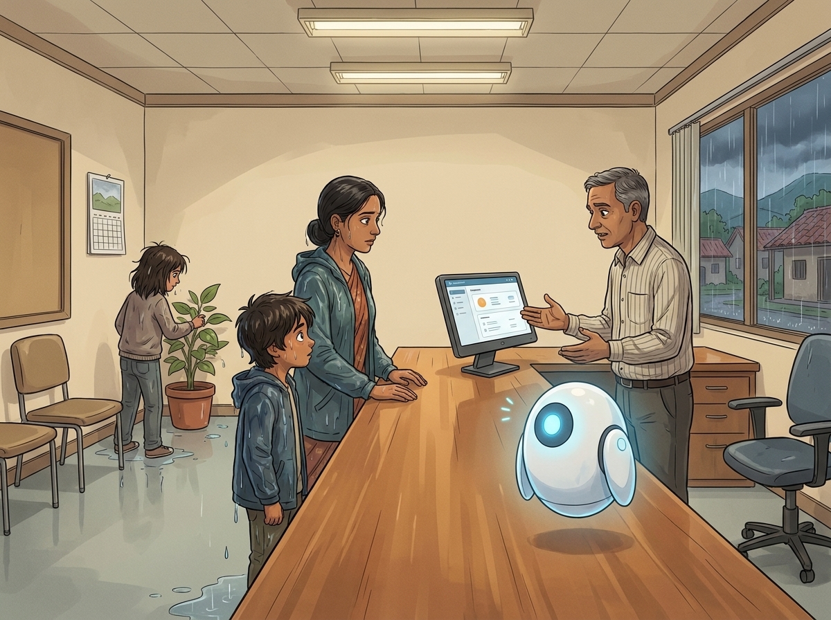 The Willowbrook Senior admissions office, Mr. Pillai gesturing at a clean dashboard terminal as Milo and Priya stand at the counter