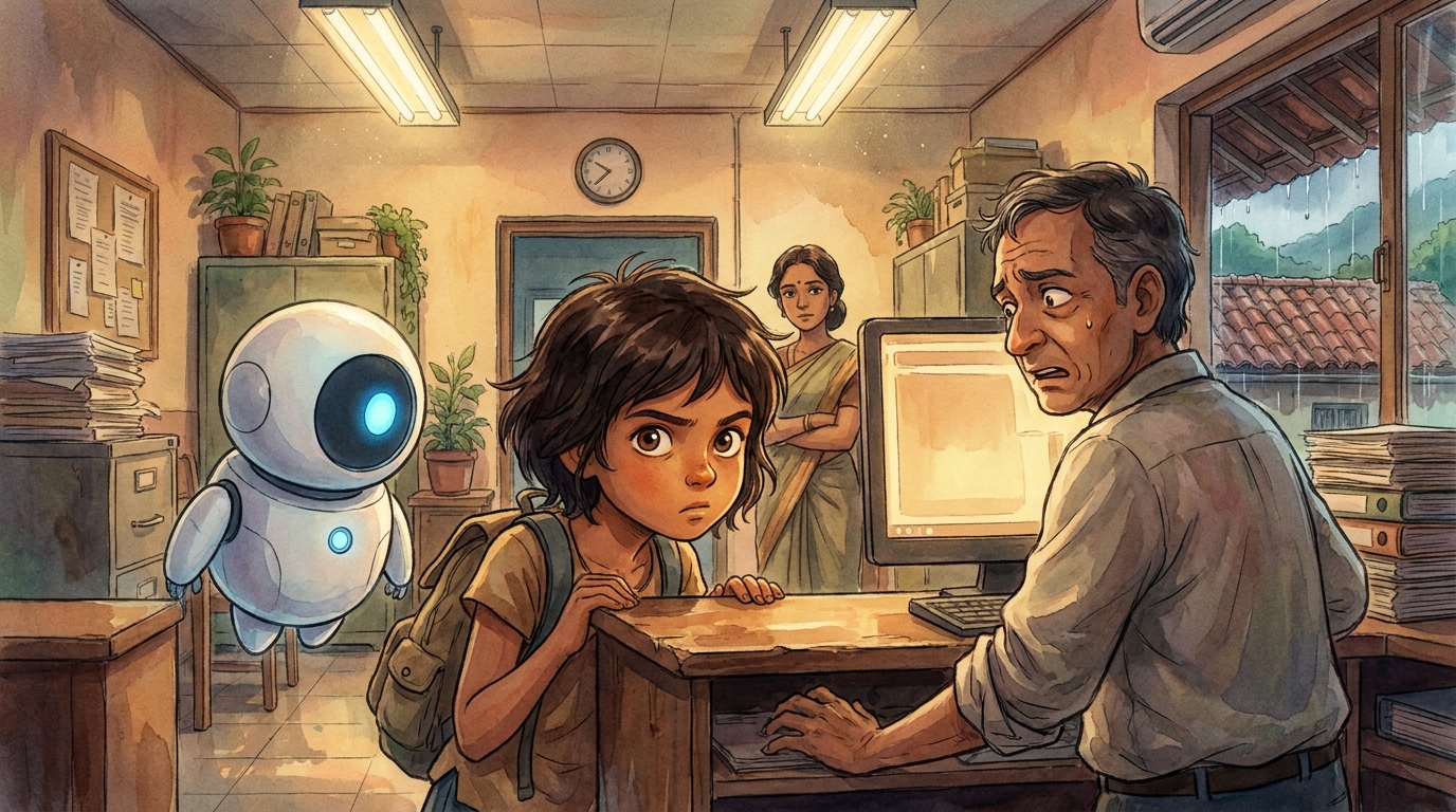 Tara on tiptoe at the admissions counter, chin on the edge, asking a question Mr. Pillai cannot answer