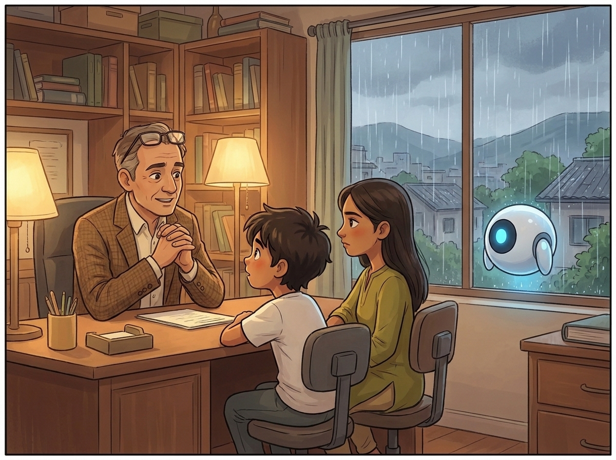 Mr. Vance, the school board chair, talking earnestly across his desk to Milo and Priya, a rain-streaked window behind him