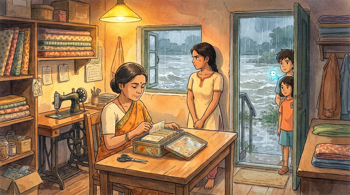 Mrs. Nair opening an old biscuit tin full of Priya's report cards at her tailoring worktable by the swollen river