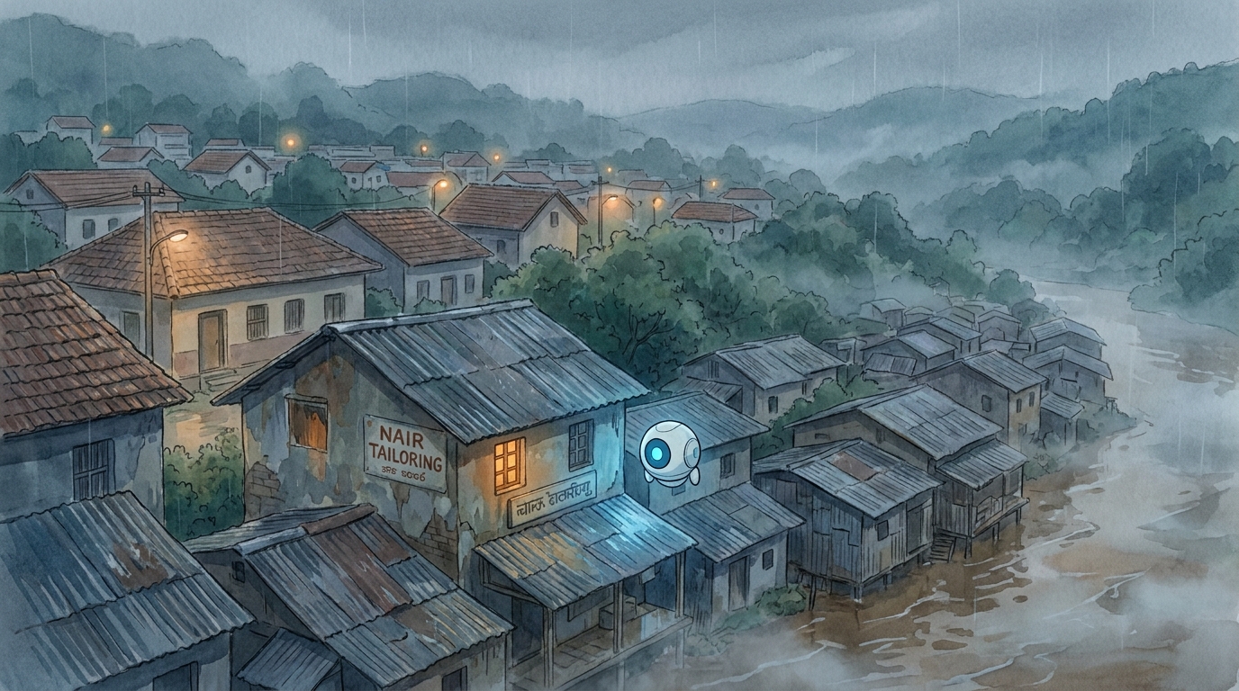 Pre-dawn over Willowbrook in grey drizzle, looking down toward the Riverside quarter by the swollen river, one warm window lit