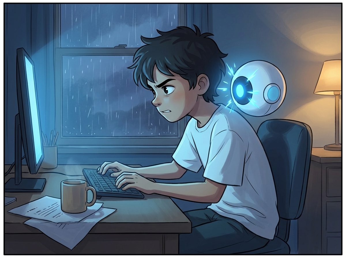 Milo hunched over a cluttered desk in the blue dark, lit only by the screen and Spark, rain on the window