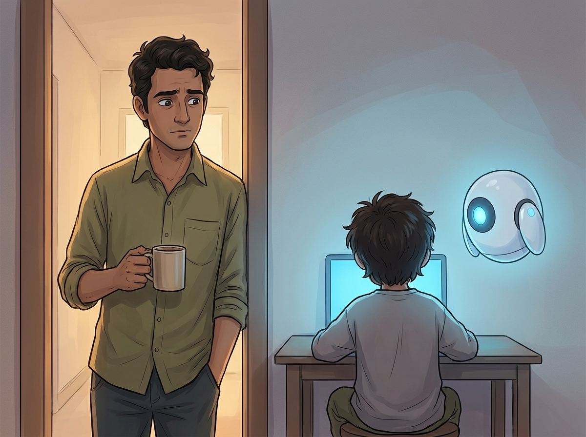 Appa paused in the hallway doorway at dawn, coffee going cold, watching his son work