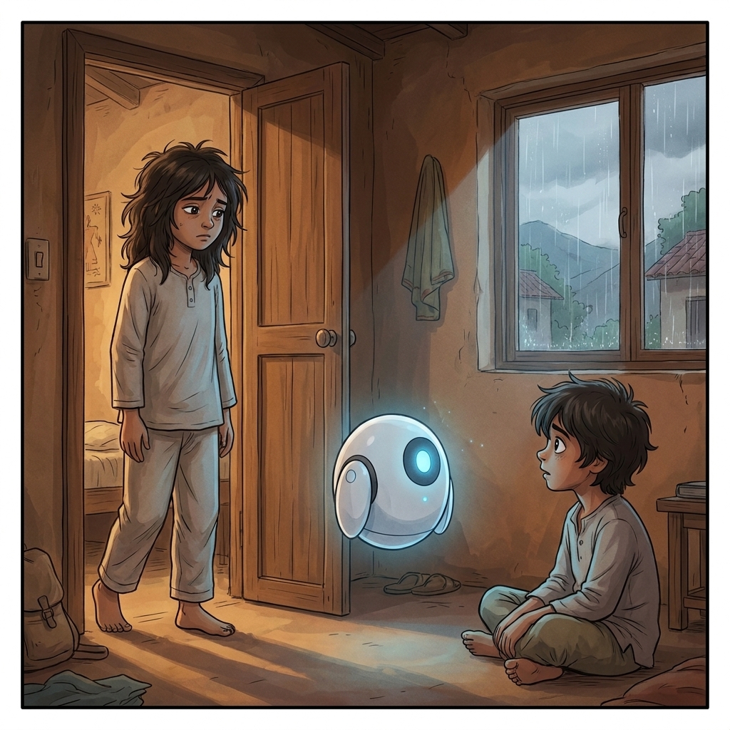 Tara, 12, in pyjamas in the bedroom doorway at dawn, reading her brother's face and the dark hole on the screen
