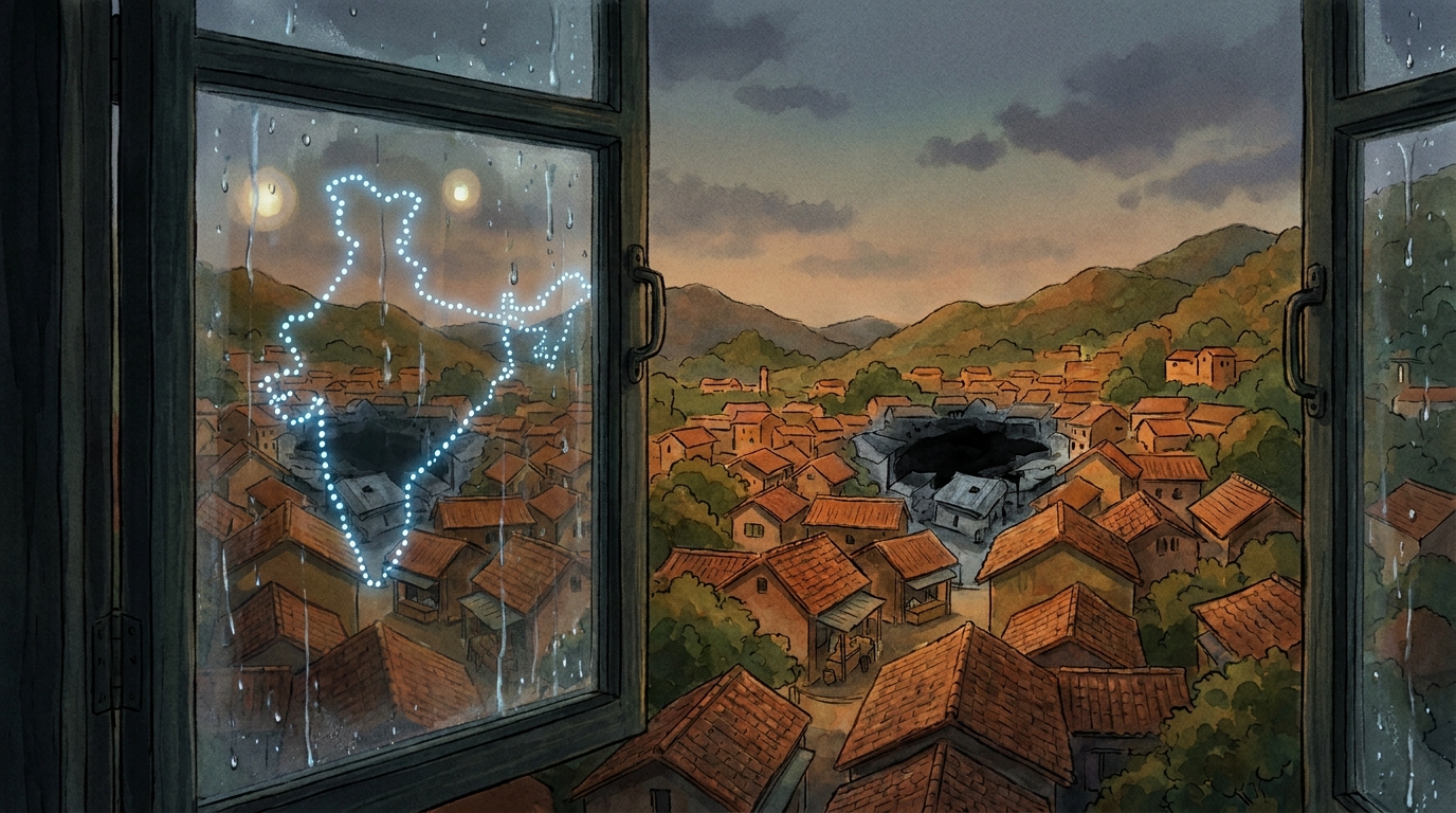 The glowing dotted map of Willowbrook reflected in a darkened rain-streaked window, town and reflection face to face, the Riverside hole mirrored in both