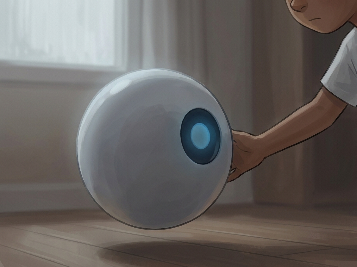Tight close-up on Spark alone in grey morning light, its single blue circle dimmed unusually low, slow and inward, Milo's hand reaching toward it
