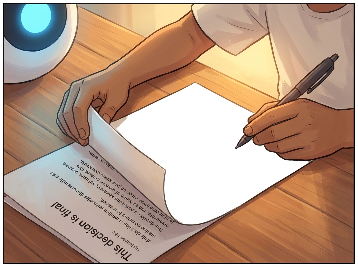 Extreme close-up of Milo's hands turning Priya's rejection letter over, the words This decision is final sliding away, the blank white back coming up clean with a pen poised, morning gold light