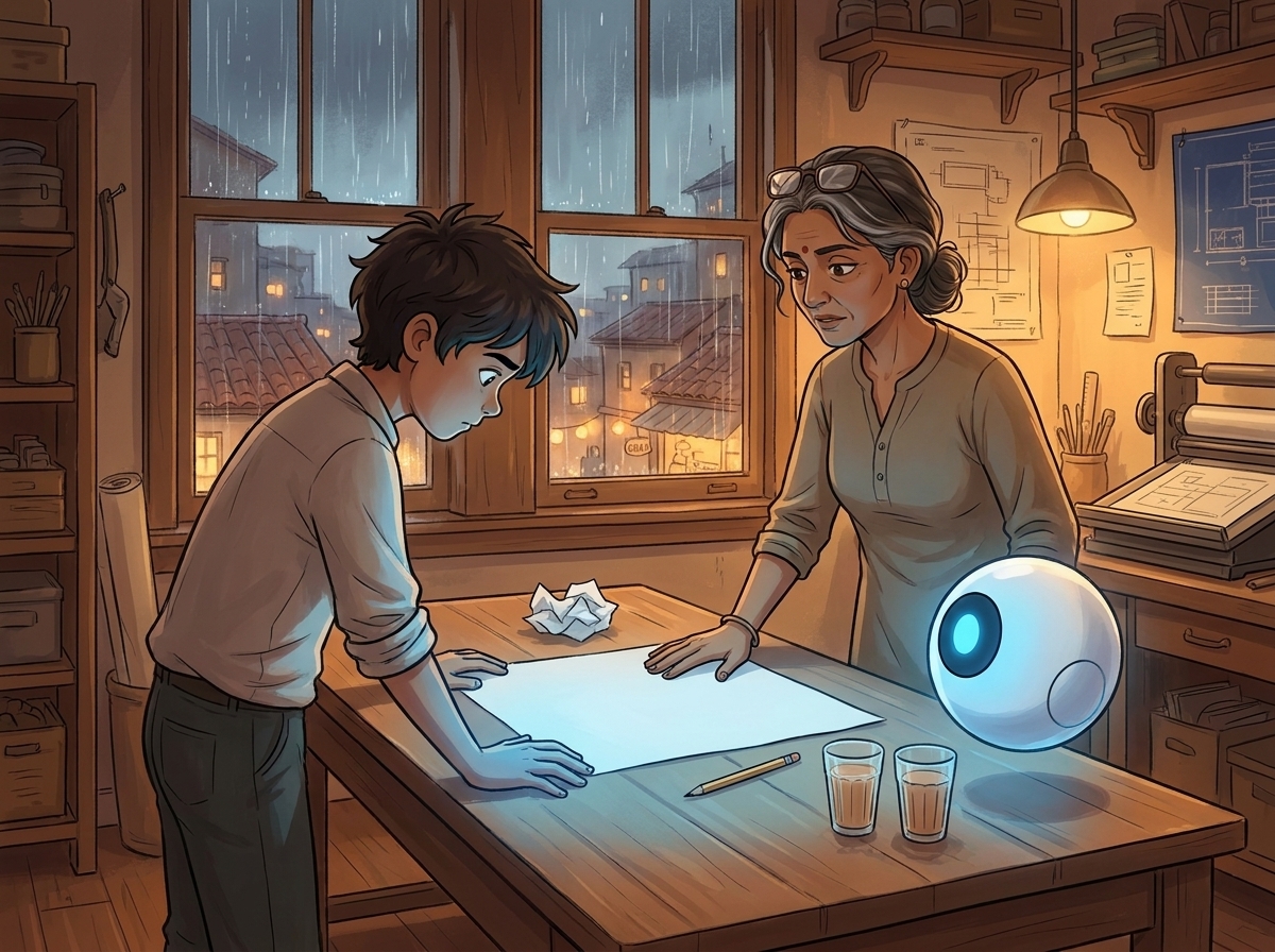 Dr. Lena's lamplit workshop above the printing press, monsoon rain on the windows, Priya's rejection letter laid blank-side up on the table