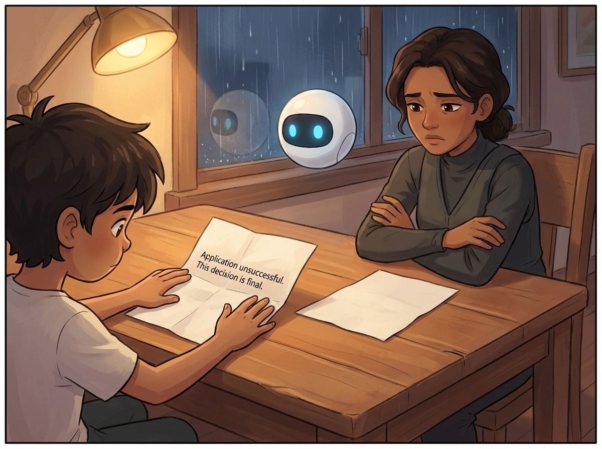 Milo smoothing Priya's rejection letter flat on the table, turning it over to the blank side, Dr. Lena watching