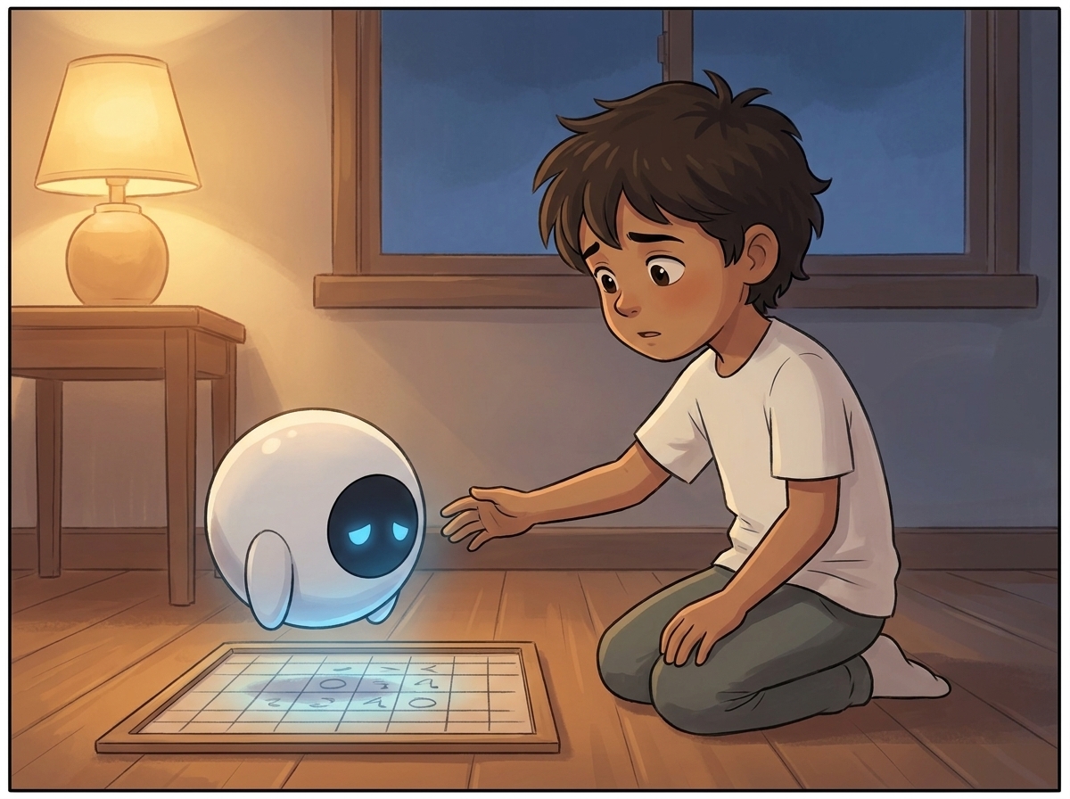 Spark hovering over the small grid, its blue light dipping low and dim, Milo's hand half-reaching toward it