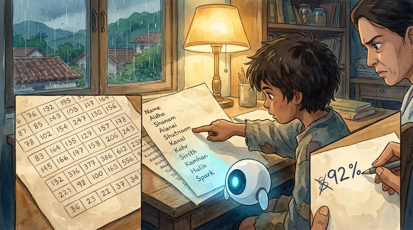 The grid filling with small numbers in each box, a class list beside it, Dr. Lena writing 92% with a frown
