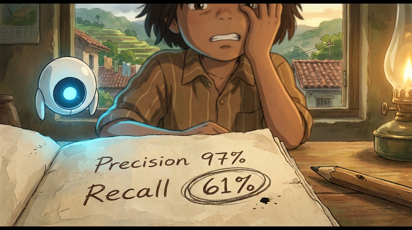 Tight on the page: 'Precision 97%' written neatly, and below it 'Recall 61%' with the 61 circled hard
