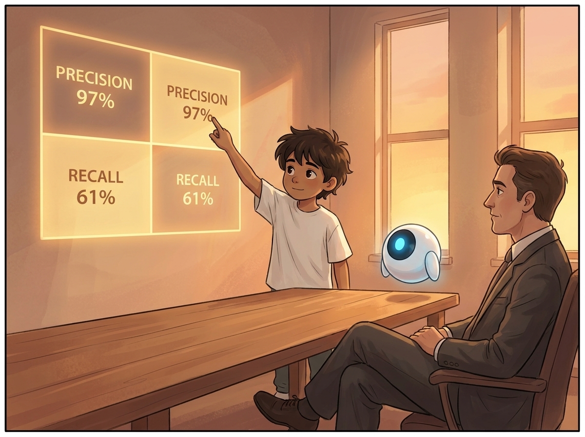 Milo at the board table mid-presentation, the confusion matrix projected large behind him, pointing at the false-negatives box