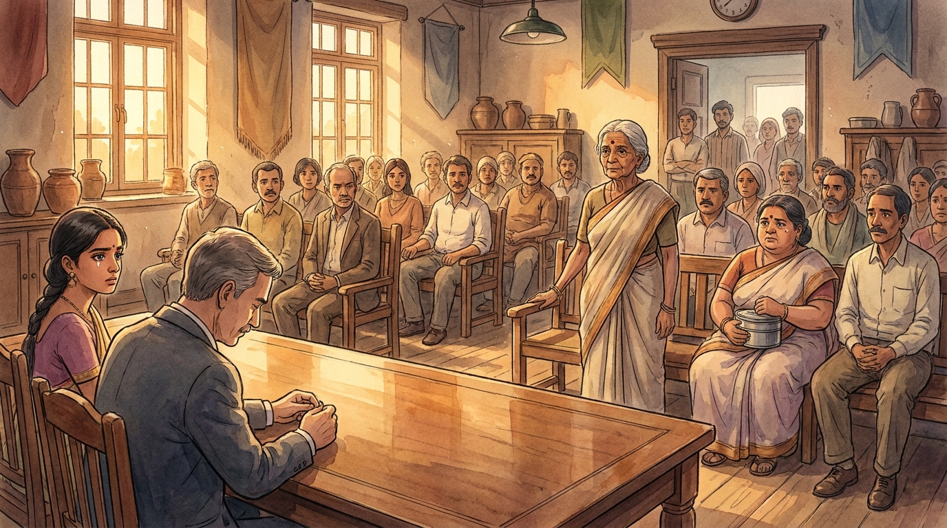 The board chamber gone silent, Mrs. Kamala risen from her seat, small and steady, every face turned toward her