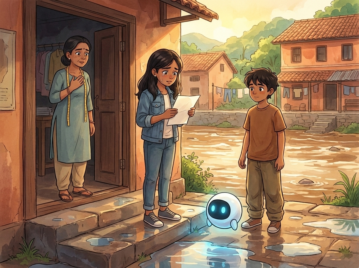 Priya stands outside Nair Tailoring in the washed gold light after the rain, holding the new letter, Mrs. Nair in the doorway, Milo and Spark nearby