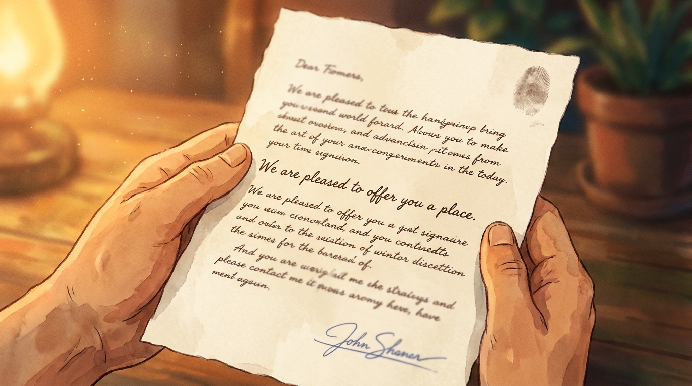 Extreme close-up of Priya's hands holding the new letter, a full page with a real signature in blue ink and the line 'We are pleased to offer you a place.'