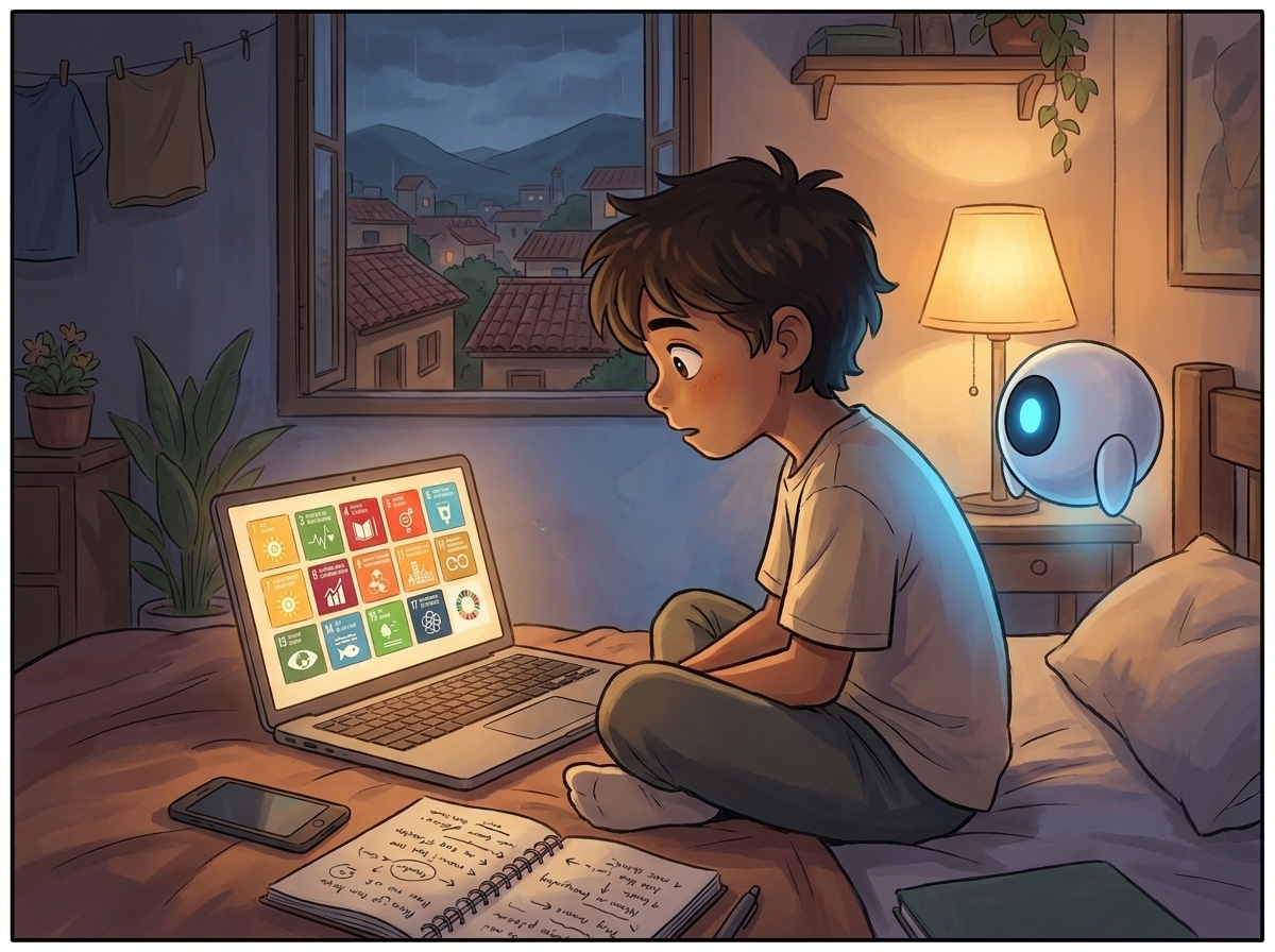 Milo at night in his room, hunched over a laptop showing the seventeen Sustainable Development Goals icons, Spark glowing beside the bed