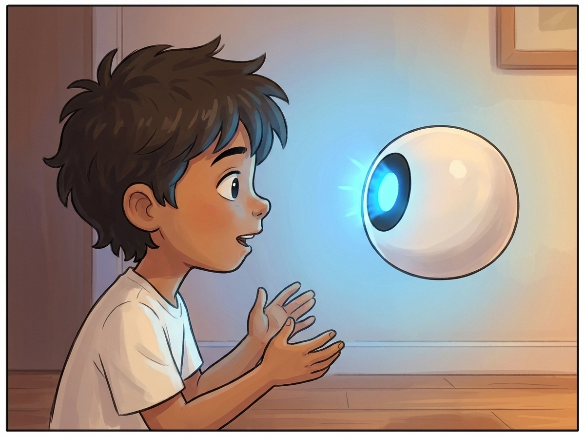 Close two-shot in the lamplit room, Spark's blue light caught mid-transition between a troubled dimness and a brighter, decided glow