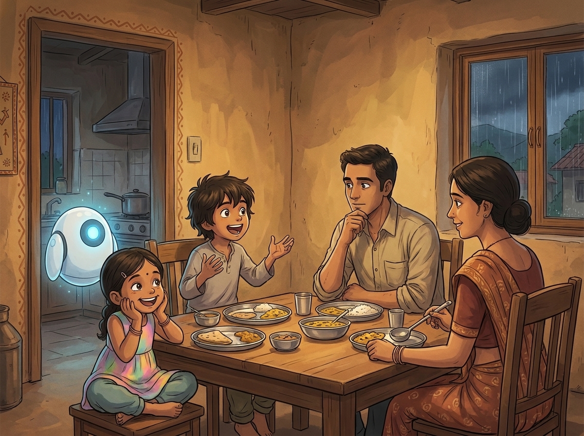 The family dinner table in warm golden light, Milo mid-explanation, Appa listening with his chin in his hand, Amma half-turned with a ladle, Tara grinning, Spark by the doorway