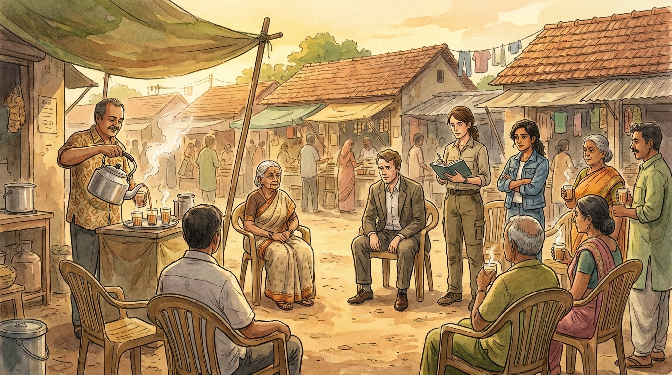 Wide shot of Govind's tea stall in gold afternoon light, the once-empty plastic chairs now full and pulled into a circle, Mrs. Kamala, Mr. Vance, Dr. Lena, Priya and others around steaming glasses of chai