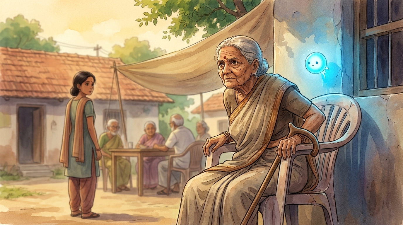 Close shot of Mrs. Kamala lowering herself into one of Govind's old plastic chairs, her walking stick hooked over the arm, her eyes set on Priya with quiet fierce resolve