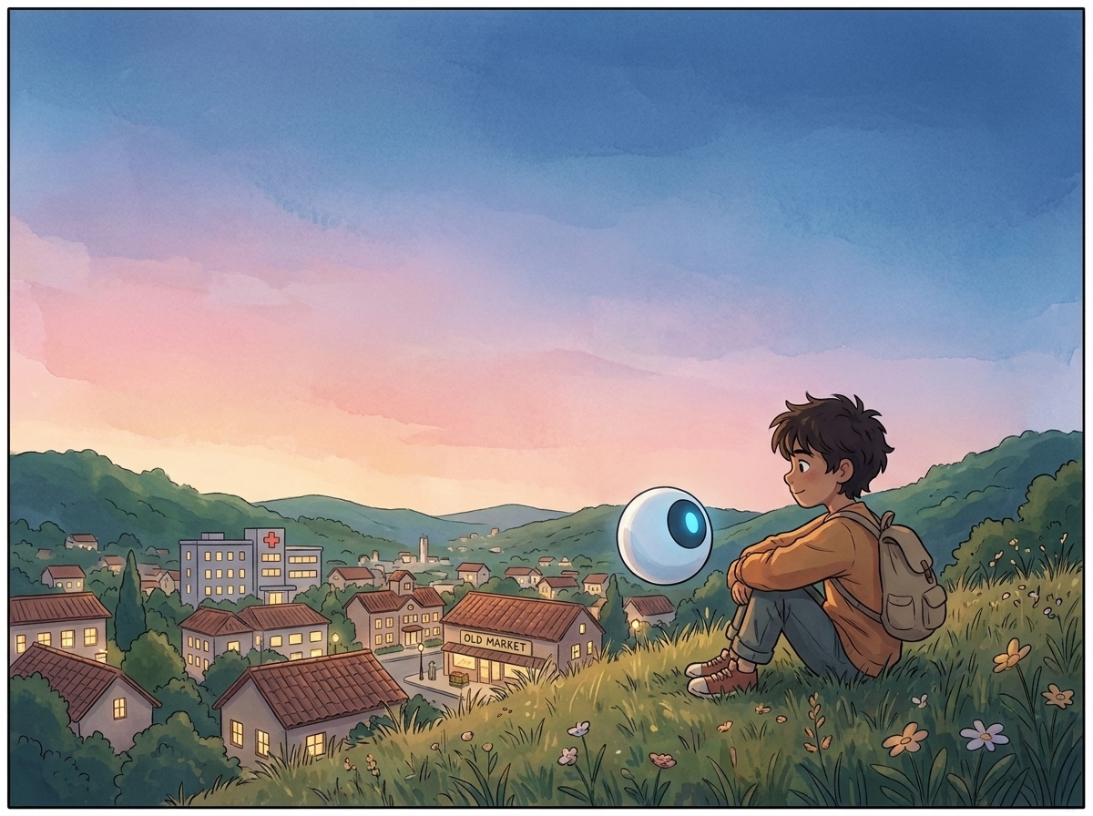 Wide-but-intimate closing panel of the hill at dusk, Willowbrook spread below with its small lights coming on, Milo sitting in the long grass with a settled hopeful weight on his face, Spark glowing a warm steady blue beside him