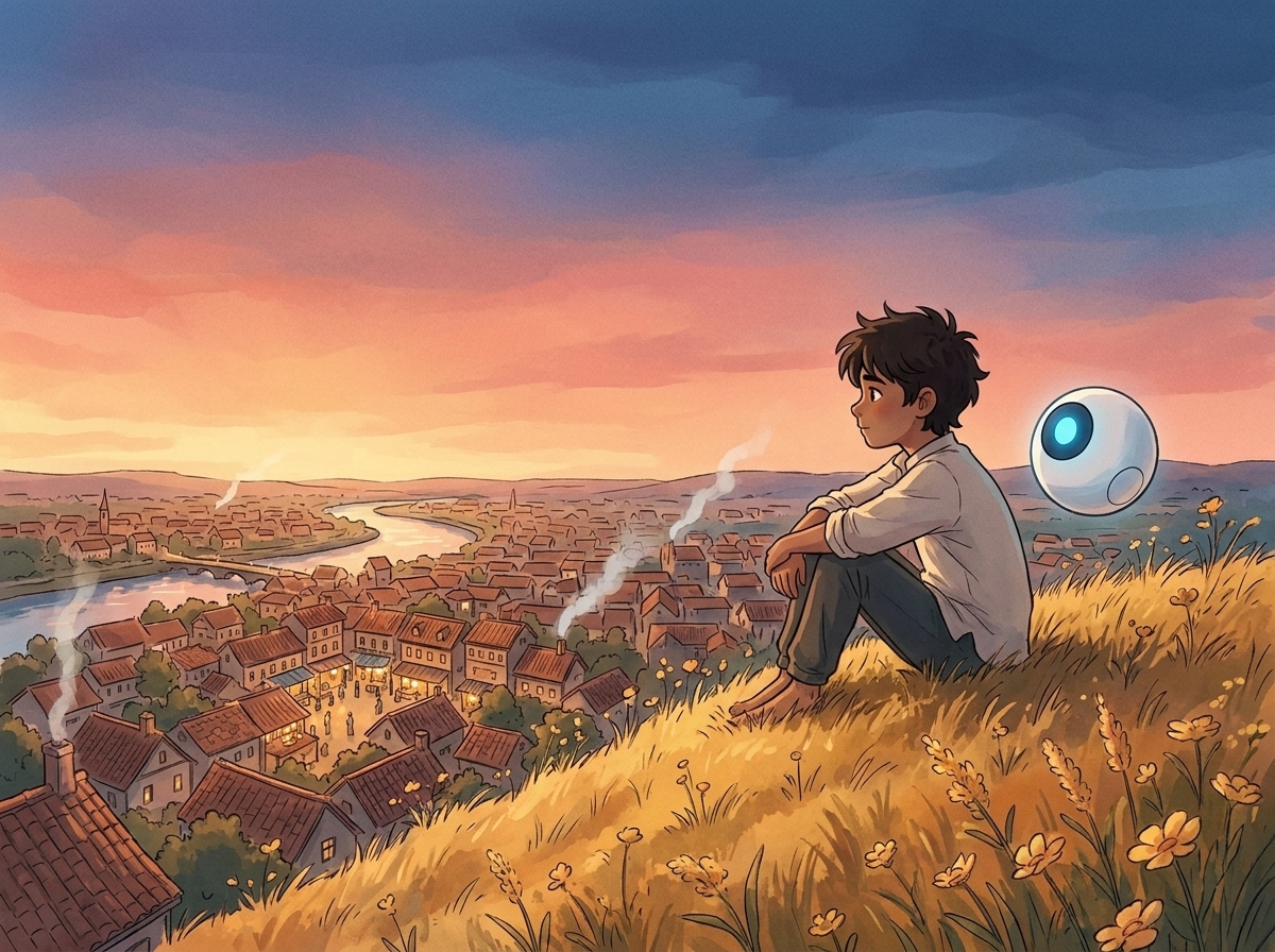 A child and a small robot on a hill, looking out over a warm town at sunset
