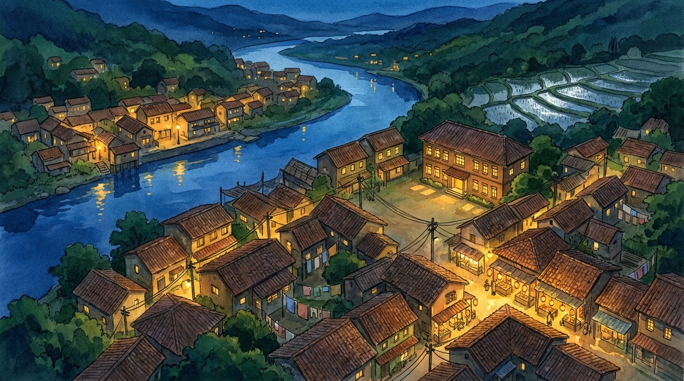 Willowbrook from above at the blue hour, the once-dark Riverside quarter now glowing with warm lights along the water