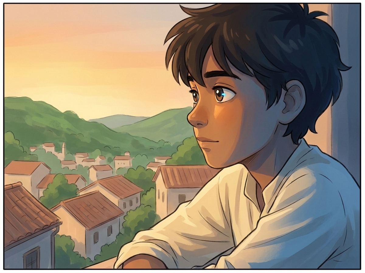 Close portrait of Milo at fifteen, lit gold on one cheek and cool blue shadow on the other, looking down at the town