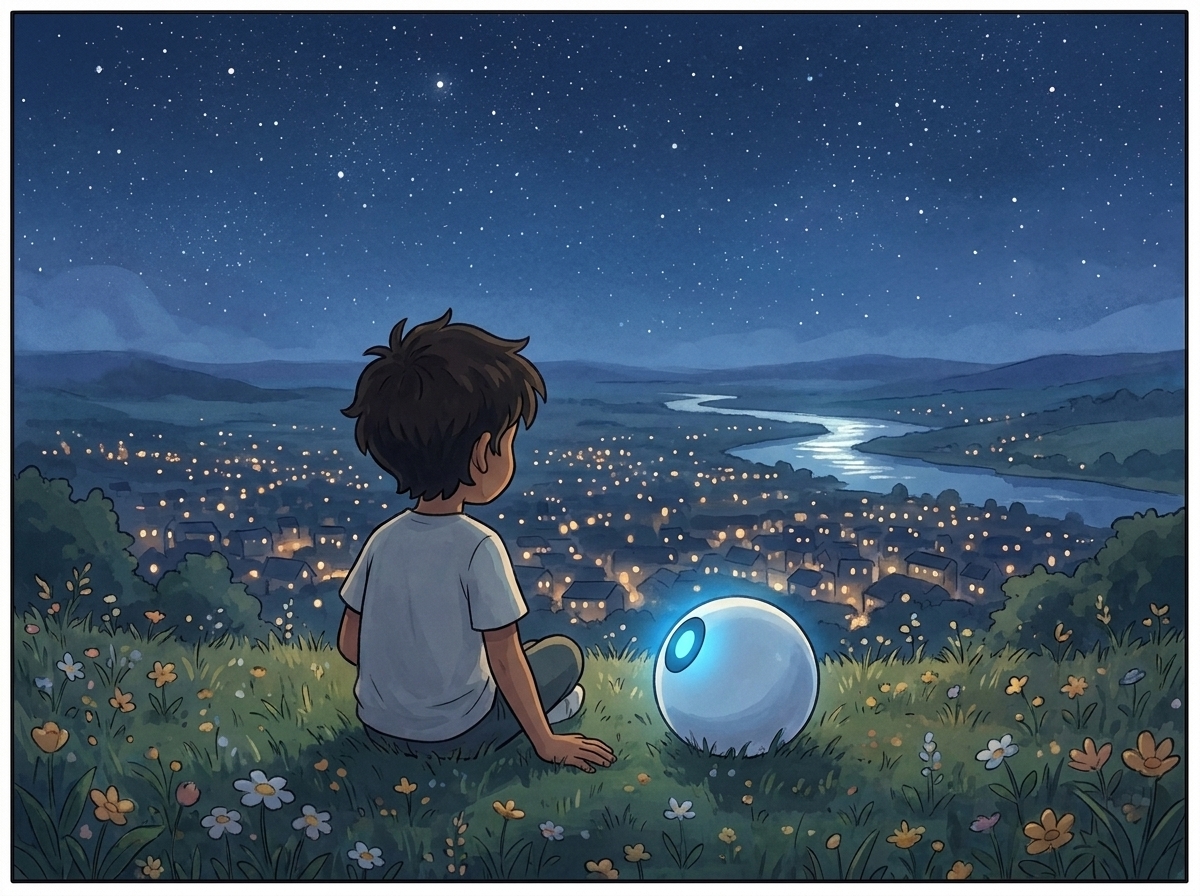Milo and Spark side by side under a vast starry night, both facing the town below, partners looking the same direction
