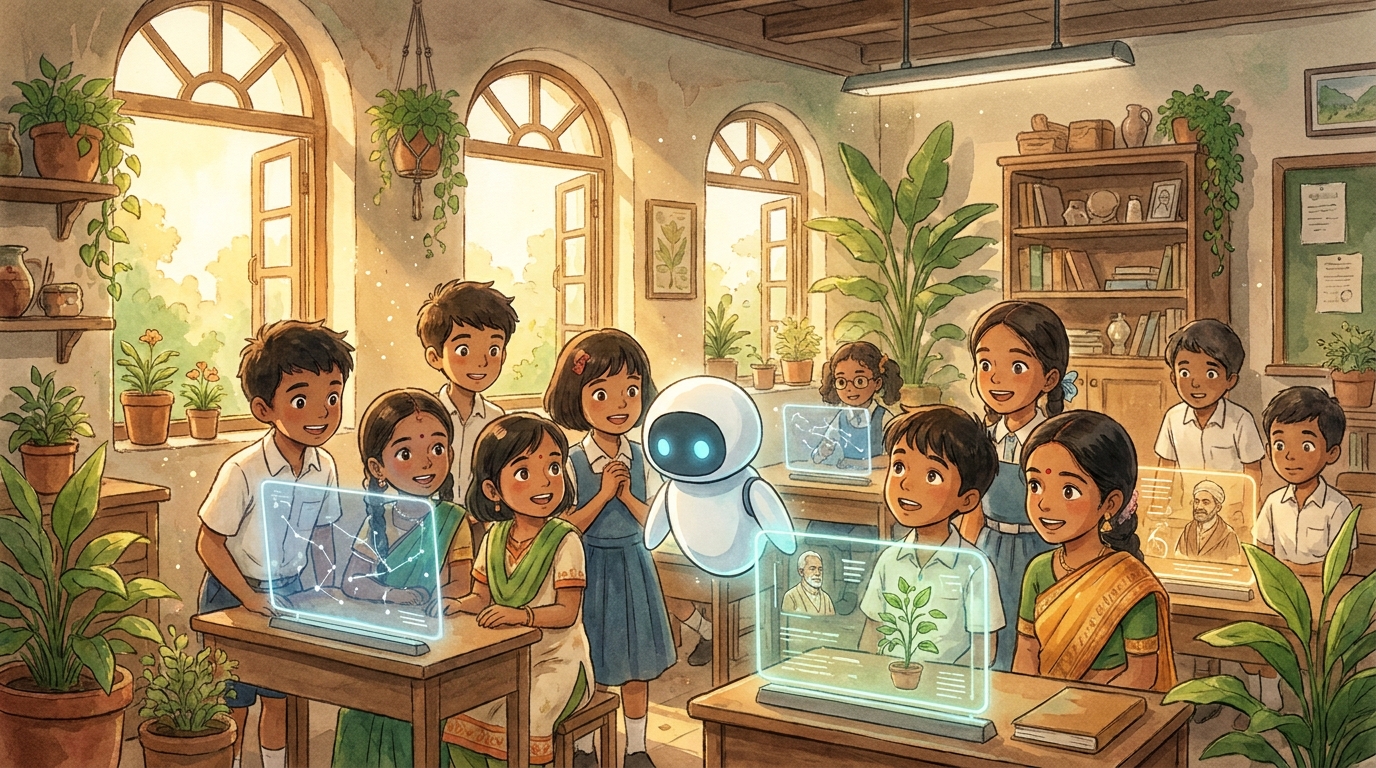 Children exploring AI together in a warm classroom